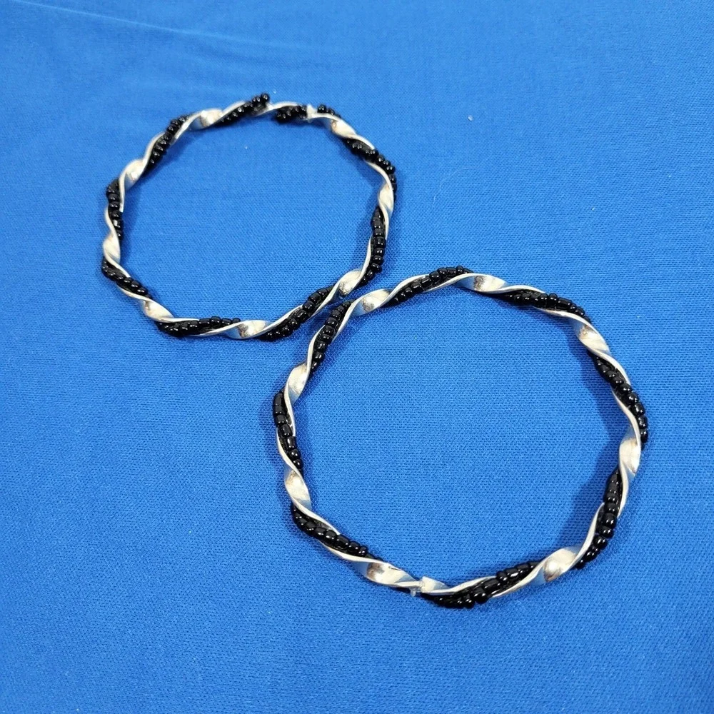 Twisted‎ Black & Silver Beaded Bracelets Bangles Set Of 2